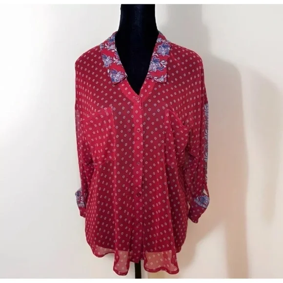 Free People Red Shirt Top M Sheer Button Front Long Sleeve Boho Preppy Slouchy - Picture 2 of 7